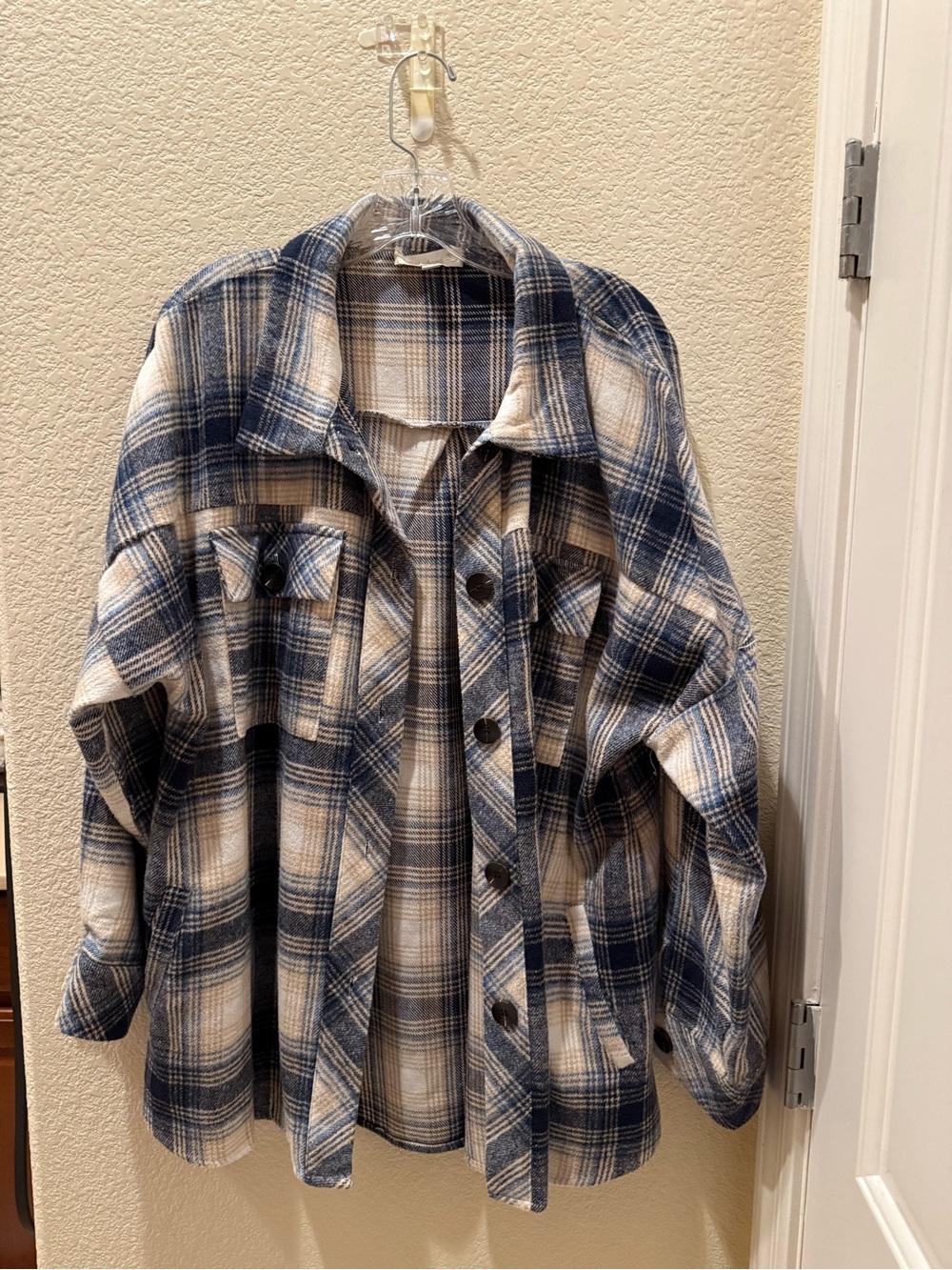 Weekend Suzanne Betro Wool Plaid Shacket 2X Blue Cream - Picture 3 of 5